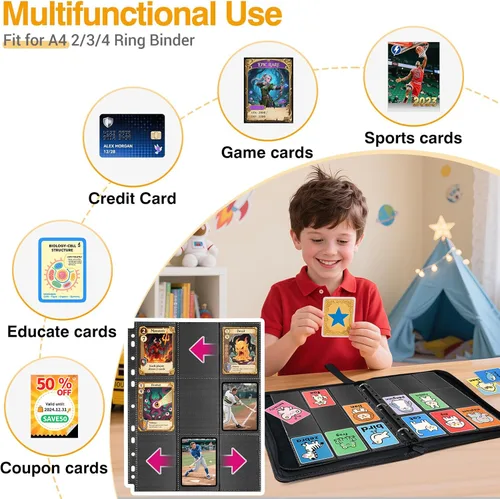 Miniatura 5 de Paquete de 20 fundas negras de 360 bolsillos para tarjetas coleccionables, fundas gruesas de doble cara para tarjetas de juego para carpeta de 3