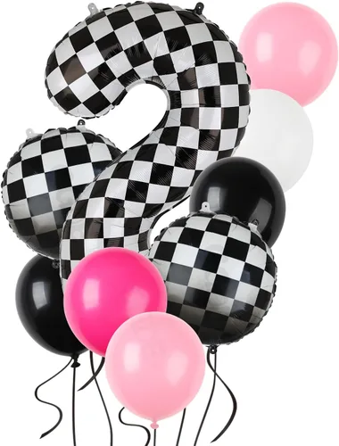 Miniatura 12 de Paquete de globos de auto de carreras azul y negro de 40 pulgadas, globo de números a cuadros 2 en blanco y negro, globos de látex para niños, dos