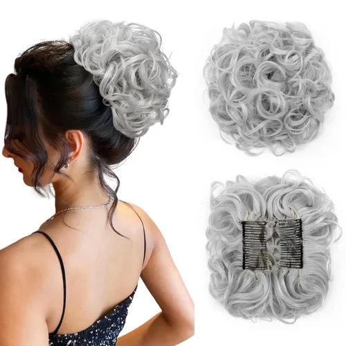 Miniatura 7 de Benehair Moño desordenado con peines con clip en moño de Juva, moño de Juva, esponjoso, ondulado, fácil de estirar, moño grande, cola de caballo