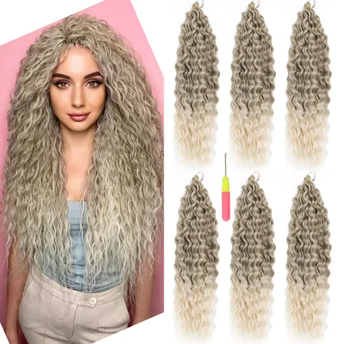 Miniatura 9 de Extensiones de cabello ondulado con ganchillo Ocean Wave de 18 pulgadas, 6 paquetes, extensiones de cabello de ganchillo sueltas de onda profunda #1B