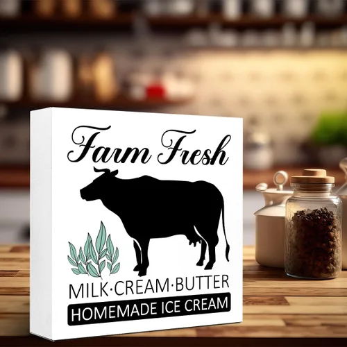 Miniatura 5 de LVQHI Letrero de madera artesanal con diseño de granja de crema de leche fresca y mantequilla, heladería casera, letrero de granja lechera
