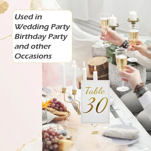 Miniatura 7 de Tarjetas de números de mesa doradas con soportes, 1-30 tarjetas de lugar doradas con soportes, número de mesa de doble cara de 4 x 6 para boda