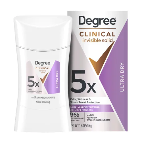 Degree Desodorante antitranspirante de fuerza clínica para mujeres, 96 horas de protección contra el sudor y el olor, ultra seco, invisible, sólido,