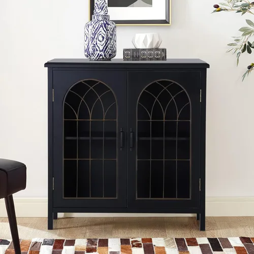 Sophia & William Armario decorativo con 2 puertas, gabinete de almacenamiento envejecido con puerta de ventana de iglesia de metal para entrada,