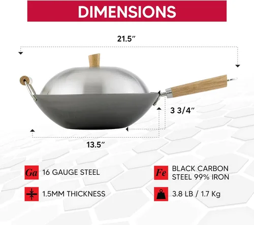 Miniatura 6 de Juego de Wok de Helen's Asian Kitchen - Sartén Wok con Tapa, Wok de Acero al Carbono de 13.5 Pulgadas - Wok Antiadherente de Fondo Plano