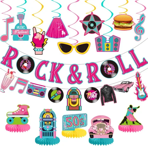 Miniatura 9 de LARRAZABAL Las decoraciones de fiesta de rock and roll incluyen pancarta con purpurina Born to Rock, remolinos colgantes de rock and roll y centros