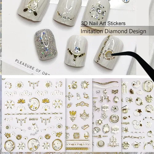 Miniatura 2 de 20 hojas de calcomanías de uñas 3D, diseño de oro/diamante, lujosas calcomanías de uñas autoadhesivas con relieve, calcomanías de uñas de flores