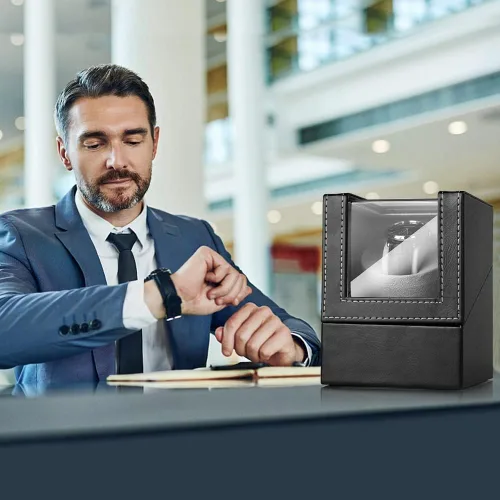 Miniatura 2 de Bobinadora automática de un solo reloj con motor japonés silencioso, en carcasa de madera y cuero negro, adaptador de CA o funciona
