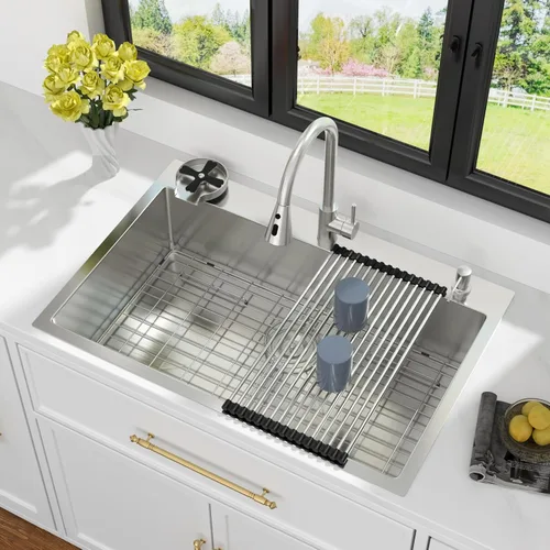 Miniatura 40 de Kichae Fregadero de Cocina de 21x20 Pulgadas, Fregadero de Barra Pequeño, Fregadero de Acero Inoxidable, Montaje Superior, Montaje Inferior