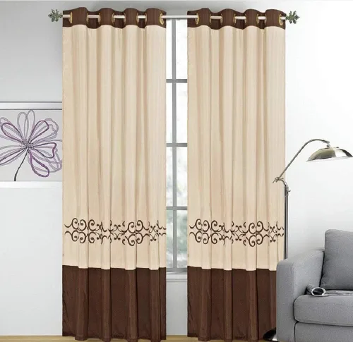 WPM WORLD PRODUCTS MART Yasmen - Juego de 2 cortinas bordadas de lujo, color beige, marrón, dorado, con ojales (juego de cortinas)