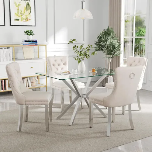Miniatura 10 de Juego de comedor moderno de cristal de lujo de 5 piezas, juego de comedor rectangular minimalista para 4, juego de mesa de cocina de vidrio