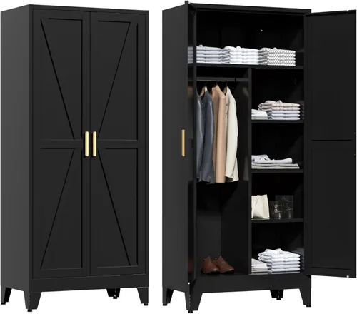 Miniatura 9 de LCAOPC Armario de metal de 71 pulgadas de alto con estantes ajustables y barra para colgar, 2 puertas, armario independiente para dormitorio, Negro