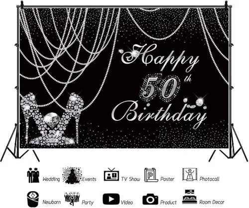 Miniatura 2 de Telones de fondo de 50 cumpleaños para mujer, color negro y plateado, cortina de perlas de 5 x 3 pies, pantuflas de diamante plateado con diamantes