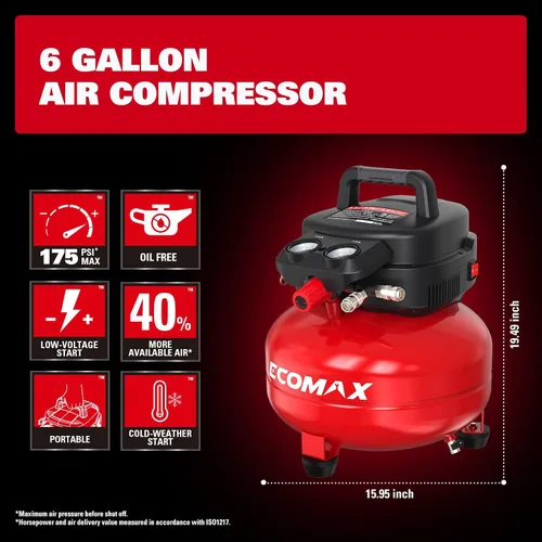 Miniatura 3 de ECOMAX Compresor de aire 6 galones 175 PSI de tanque panqueque portátil libre de aceite con kit de accesorios de 10 piezas