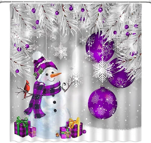 Miniatura 5 de GCTNBJL Cortina de ducha de muñeco de nieve de Navidad, muñeco de nieve azul, bola de Navidad, pino, copo de nieve, pájaro, vacaciones de invierno