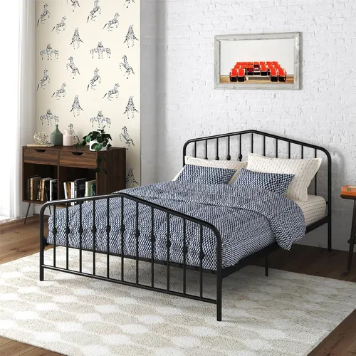 Novogratz Bushwick - Marco de cama Queen de metal con cabecera ligeramente triangular, husillos insertados, base ajustable para almacenamiento, no