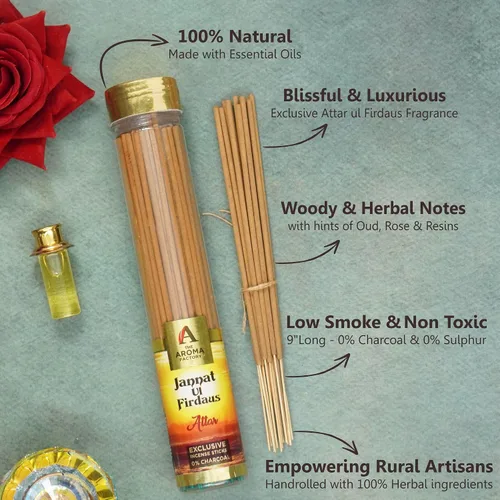 Miniatura 5 de The Aroma Factory Agarbatti for Pooja, Attar Jannat Ul Firdaus Perfume Varillas de incienso, sin carbón y bajo contenido de humo, Agarbatti