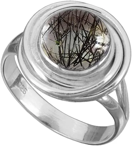 Black Rutilated Quartz Ring | Natural Round Cabochon Black Rutile Ring | Sterling Silver 925 | Handmade Jewelry
