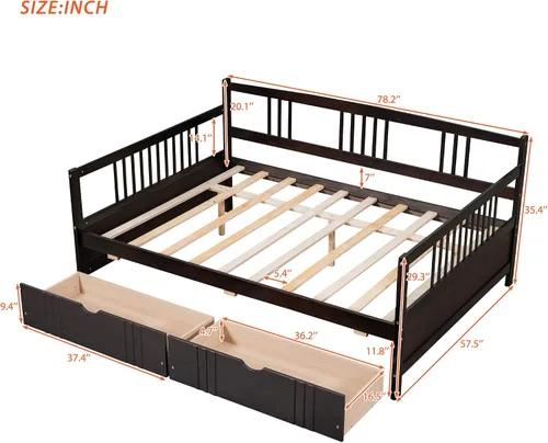 Miniatura 2 de MERITLINE Sofá cama de tamaño matrimonial, sofá cama de madera con cajones, sofá cama con cajones de almacenamiento matrimonial, sofá cama de doble