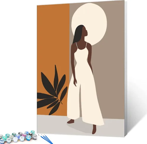Miniatura 4 de Pintura de niña afro a la moda, kits de pintura por números, 16 x 20 pulgadas, lienzo de hojas tropicales, pintura al óleo para niños y adultos