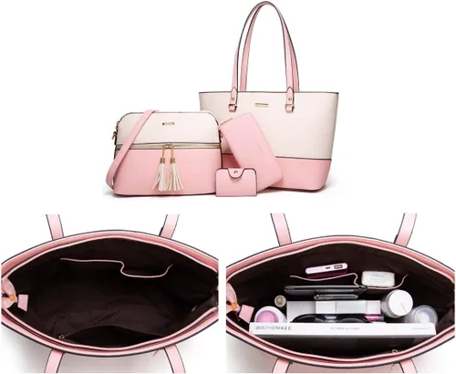 Miniatura 4 de Juego de 4 bolsas modernos para mujer de cuero sintético: bolso tote, bolso de hombro, bolso de mano y cartera.