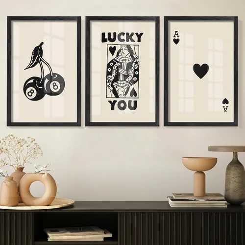 Miniatura 10 de Heiple Juego de 3 carteles enmarcados de póquer para pared, diseño retro de moda, decoración de pared para reina de corazones, arte de pared Negro