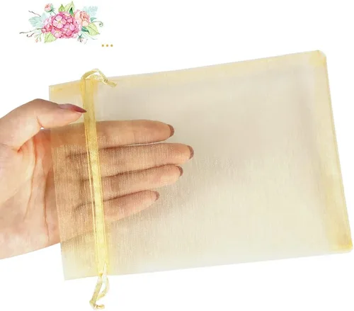Miniatura 3 de HRX Package 100 bolsas de organza doradas, 5 x 7 pulgadas, malla con cordón, bolsas de regalo, bolsas de joyería para dulces de Navidad, recuerdos