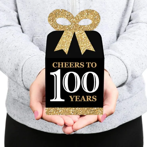 Miniatura 7 de Big Dot of Happiness Cajas de regalo para fiesta de cumpleaños número 100, elegante diseño cuadrado dorado con lazo 3D, suministros de fiesta