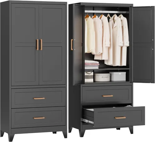 Greenvelly Metal Storage Wardrobe Cabinet with Lock, Metal Wardrobe Closet with Doors and Shelves, Modern Clothes Closet for Office, Bedroom and
