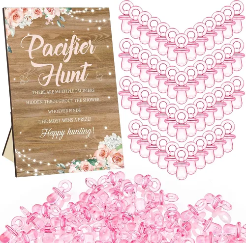 Miniatura 9 de Thyle Juego de 51 piezas de chupete de caza para baby shower, incluye signo de caza y 50 chupetes acrílicos para decoración de juegos de baby Rosa