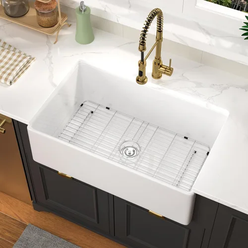 Fregadero de 33 unidades de arcilla refractaria de 33 x 20 x 10 pulgadas, color blanco, fregadero de cocina de porcelana de cerámica, estilo casa de