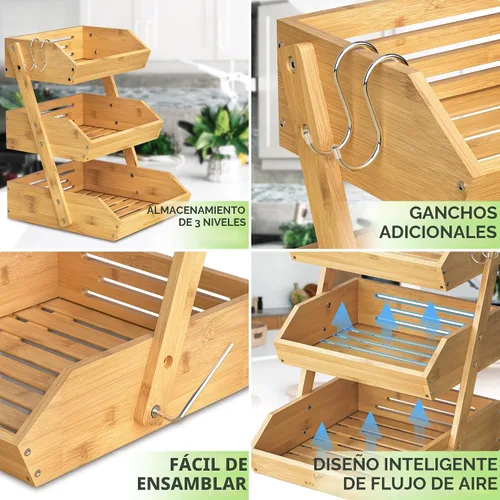 Miniatura 5 de KOMFORA Cesta de frutas de bambú de 3 niveles – Cesta de productos premium para cocina con 2 ganchos – Soporte duradero y fácil de montar