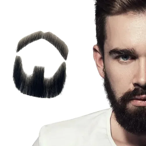 Voloria Cabello humano con barba falsa, atado a mano, cabello facial de cabra negra, barbas falsas de encaje invisible para entretenimiento, drama,