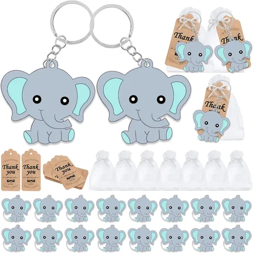 CiciBear Paquete de 72 recuerdos de fiesta de elefante con llaveros de elefante azul bebé, etiquetas de agradecimiento y bolsas de regalo para