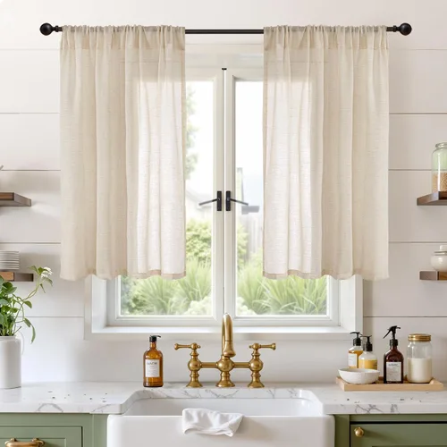 Miniatura 69 de BGment Cortinas de lino café de 30 pulgadas de largo para ventana pequeña, cortinas de media ventana beige semitransparentes ligeras con bolsillo