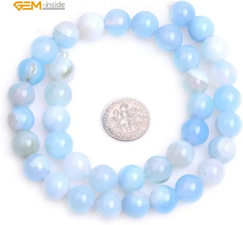 Miniatura 6 de GEM-Inside - Cuentas redondas de ágata de ónix azul claro natural de 0.394 pulgadas (0.394 in) con agujero grande para hacer joyas, suministros