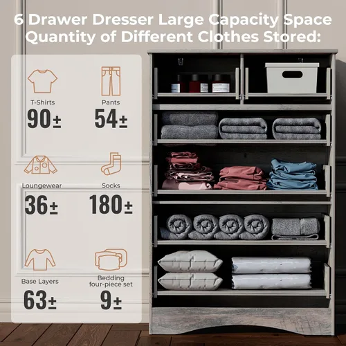 Miniatura 8 de VVFLU Cómoda gris de 48 pulgadas de alto con 6 cajones para dormitorio, organizador de almacenamiento grande para ropa, para sala de estar, Gris topo