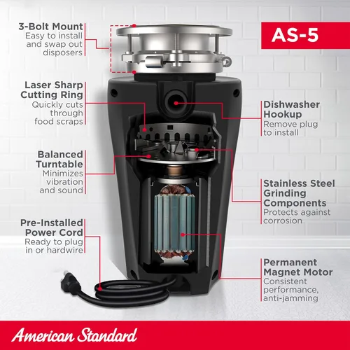 Miniatura 3 de American Standard 10-US-AS-5 Sistema de molienda de residuos de alimentos de acero inoxidable antiatascos para desechos de basura, línea delgada