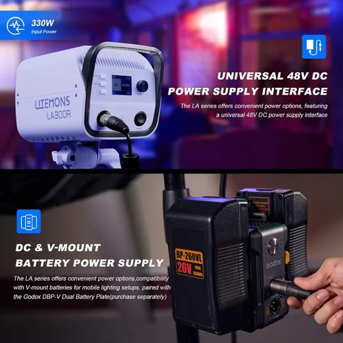 Miniatura 5 de Godox LA300R RGB COB LED Video Light 330W Kit de luz continua a todo color con bolsa de transporte CCT 1800K-10000K 94700lux Montaje Bowens Luz
