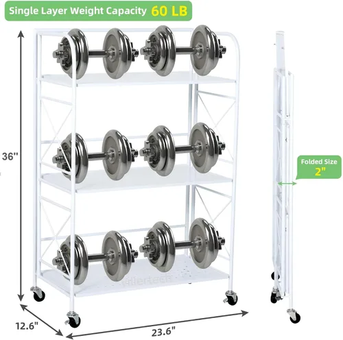 Miniatura 2 de Estantería plegable de metal de 3 niveles con ruedas, estantería plegable para sala de estar, cocina, estudio, 12.6 pulgadas de profundidad x 23.6