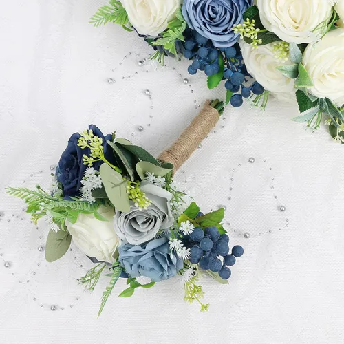 Miniatura 4 de Juego de 4 ramos para dama de honor para boda - Ramos de flores artificiales de 7 pulgadas para decoración de centros de mesa de ceremonia y Azul