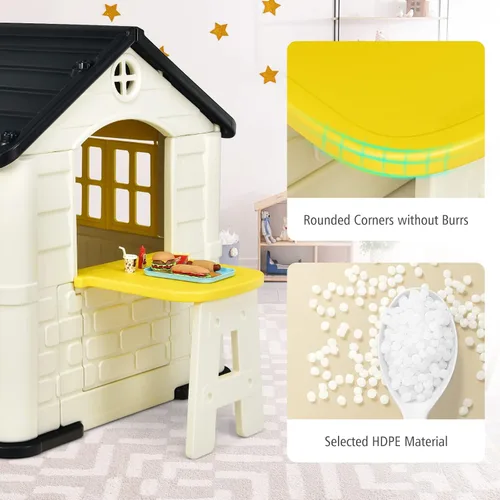Miniatura 5 de Costzon Casa de juegos para niños, juegos de jardín al aire libre con puertas y ventanas de trabajo, casa de juguetes de simulación con mesa