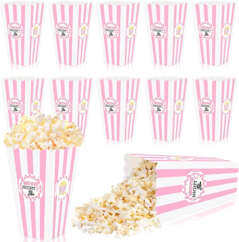 K KUMEED 20 cajas grandes de regalo de palomitas de maíz para noche de película, 7.8 pulgadas de alto, cuencos de palomitas de maíz a rayas rosas y