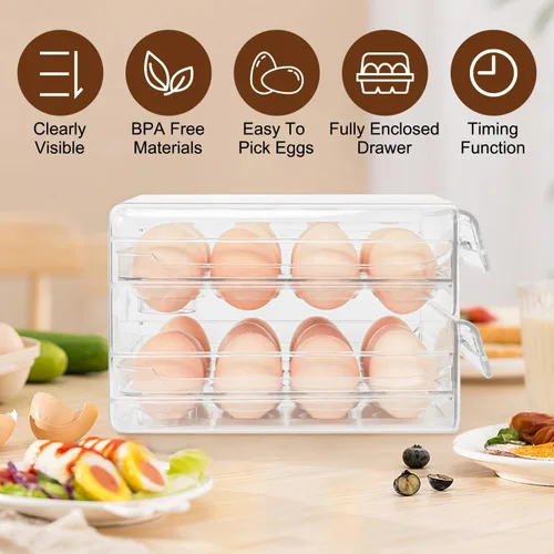 Miniatura 4 de Soporte para huevos para refrigerador de 24, organizador de huevos transparente apilable de 2 capas, contenedor de huevos para refrigerador