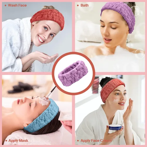 Miniatura 6 de Chuangdi 3 Piezas Diadema Elástica para Maquillaje, Yoga, Deportes, Ducha - Envoltura para la Cabeza para Mujeres y Niñas (Rojo, Azul, Morado)