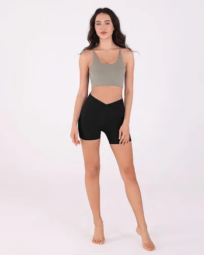Miniatura 5 de ODODOS Pantalones cortos de yoga con cintura cruzada de 5 pulgadas para mujer, pantalones cortos de entrenamiento para correr
