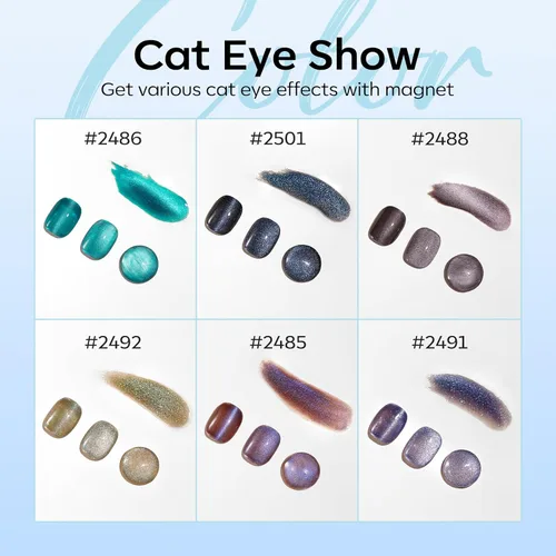 Miniatura 5 de modelones - Juego de 6 esmaltes en gel con efecto de ojo de gato cristalino, holográfico 9D, brillantina, negro, azul, morado, verde, con imán
