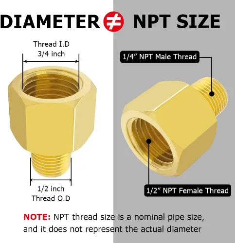 Miniatura 2 de Hooshing 2 piezas de adaptador reductor de rosca macho 1/4" NPT a hembra 1/2" NPT para tubería de latón