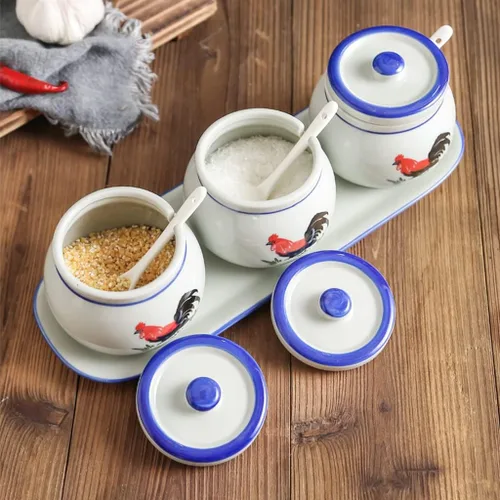 Miniatura 4 de Tarros de especias retro de cerámica para condimentos, sal y glutamato monosódico, tarro de condimento para cocina casera con tapa, cuchara, aceite