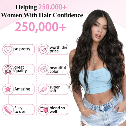 Miniatura 9 de ALXNAN Extensiones de cabello sintético largo y ondulado con clip, de 16 pulgadas, color negro natural, 4 piezas gruesas, fibra de doble trama